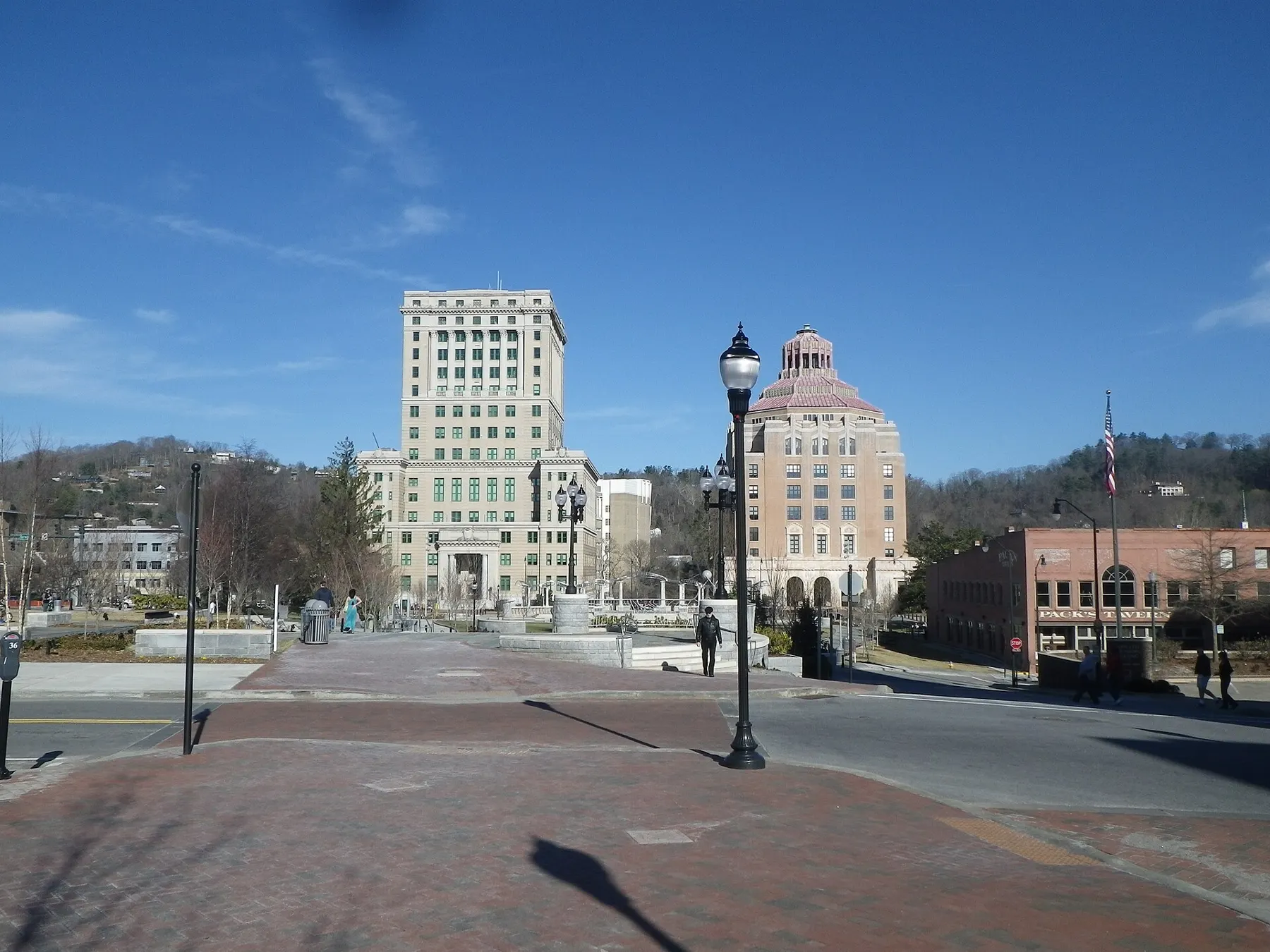 Pack Square Park in downtown Asheville with City Hall and the county courthouse